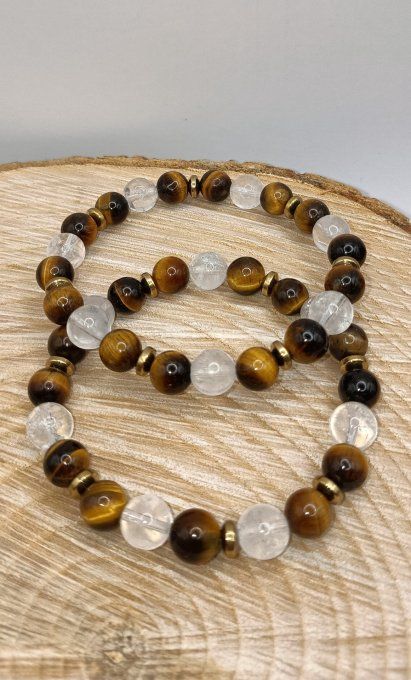 Bracelet Œil de Tigre & Cristal de Roche – Protection, Confiance et Énergie Positive