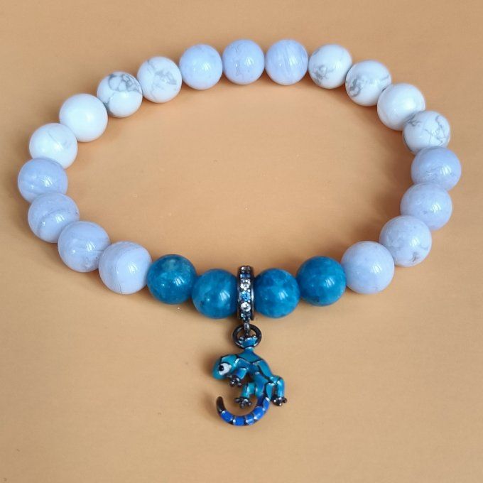 Bracelet "Gecko bleu" en Apatite , calcédoine bleue , Howlite 