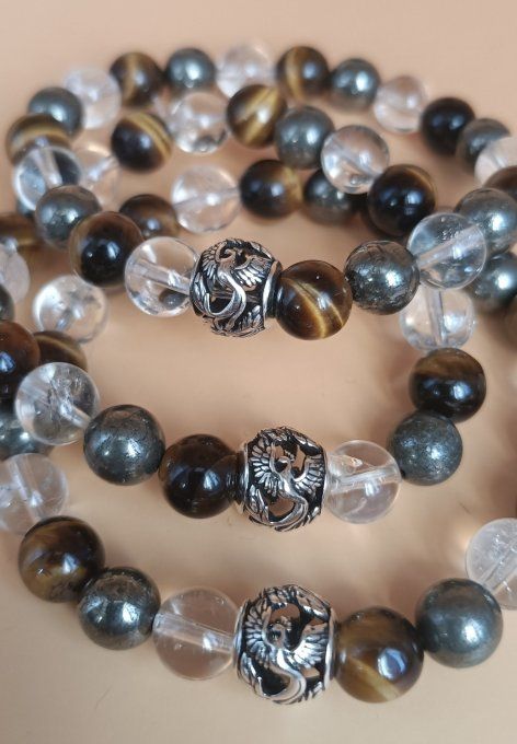 Bracelet "Phenix" Citrine AA , Oeil de tigre AA, Pyrite AA