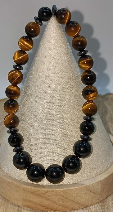 Alliance de la Spinelle noire 10MM et Œil de tigre 08MM 